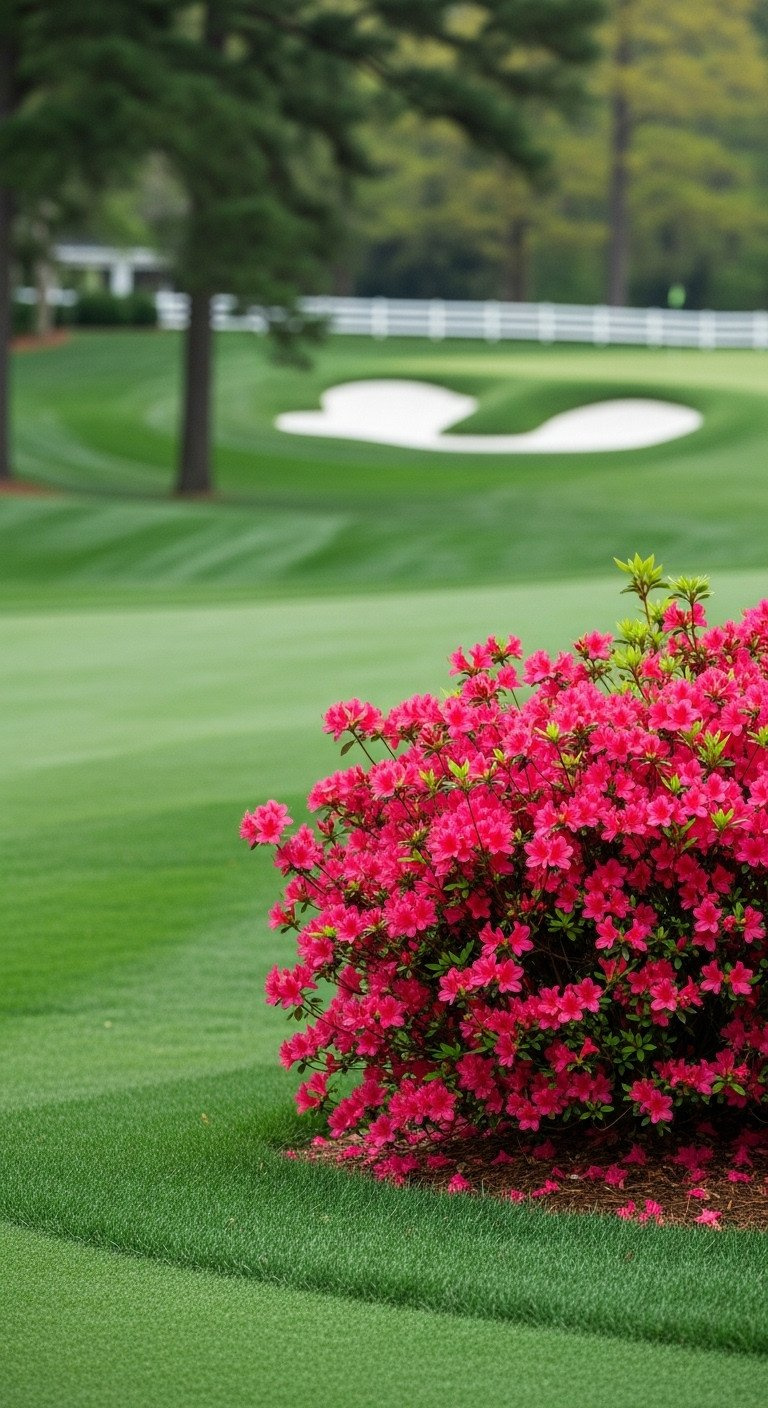 Elegant Augusta National Golf Course With Vibrant Pink Azalea Bush Against Deep Green Manicured Grass And Blurred Trees.