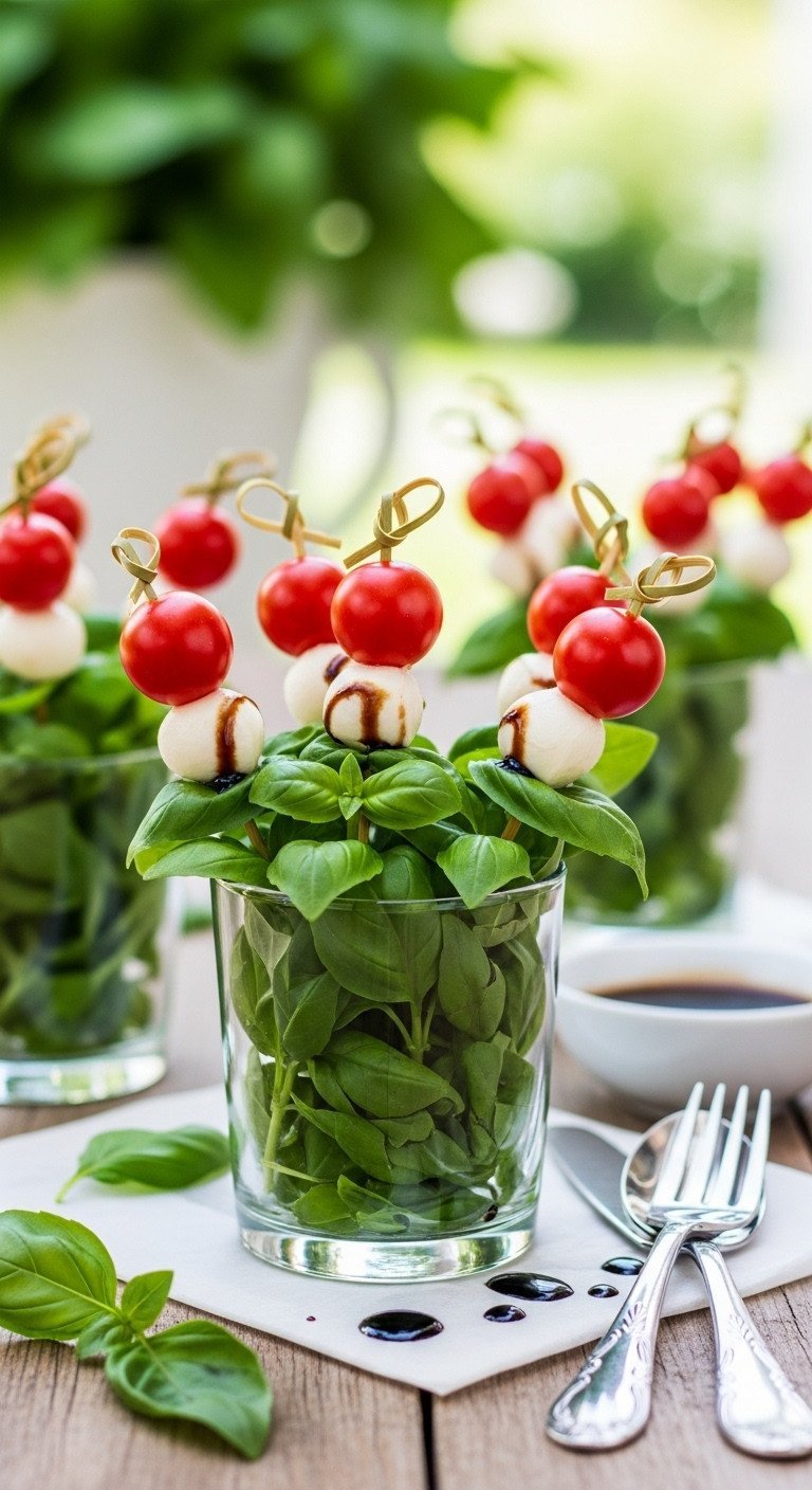 Elegant Caprese Skewers, Mozzarella 'Golf Balls' And Tomatoes In Basil, With Balsamic Glaze On A Rustic Wooden Table.