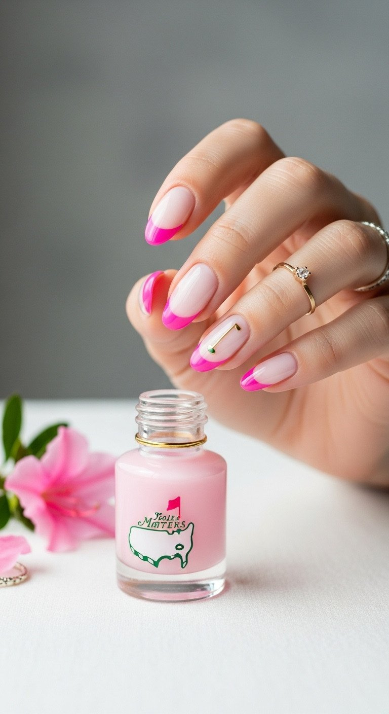 Elegant French Manicure With Azalea Pink Tips, Milky White Base. Accent Nail Features Tiny Gold Golf Club. Soft Natural Light.