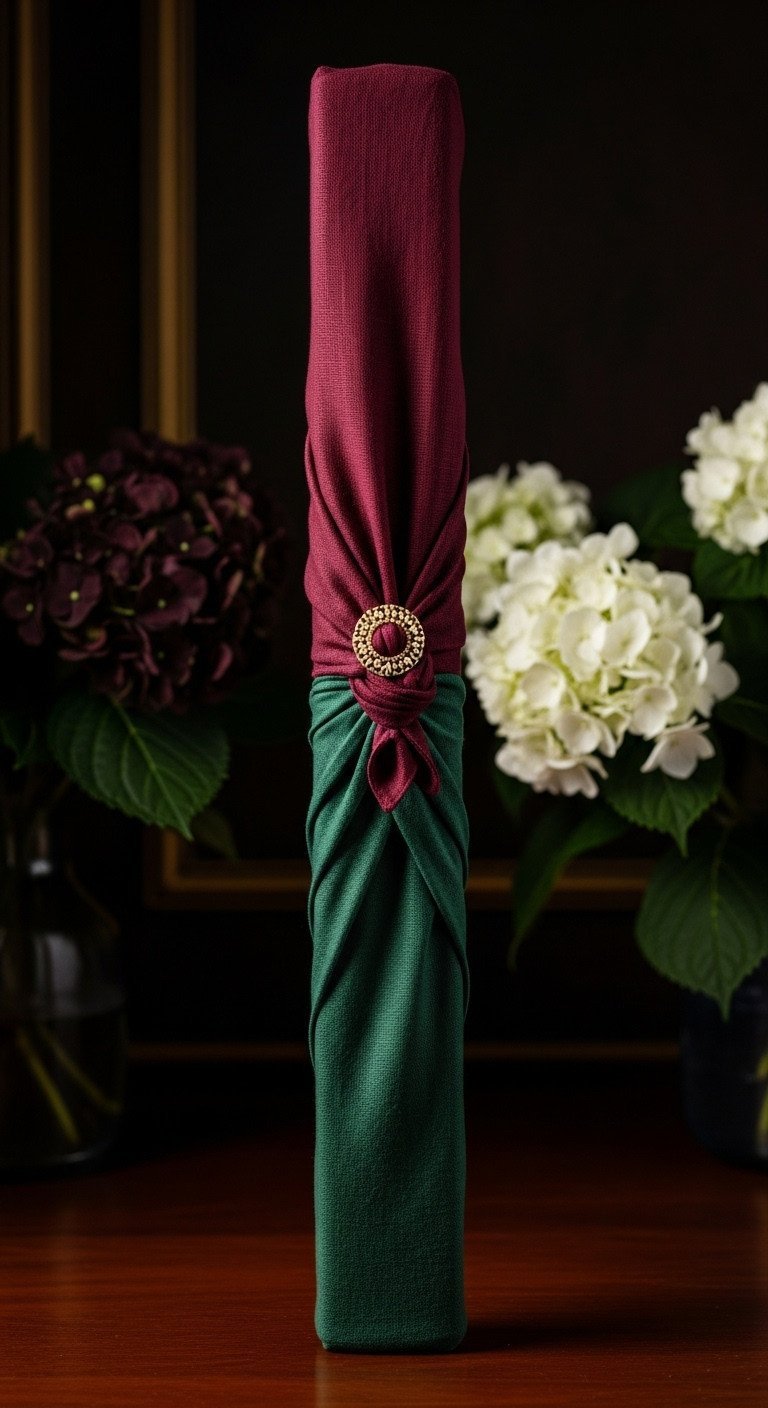 Elegant Furoshiki Wrapped Golf Gift In Velvet Fabric With Golden Brooch, On Dark Wood, Luxurious Background.