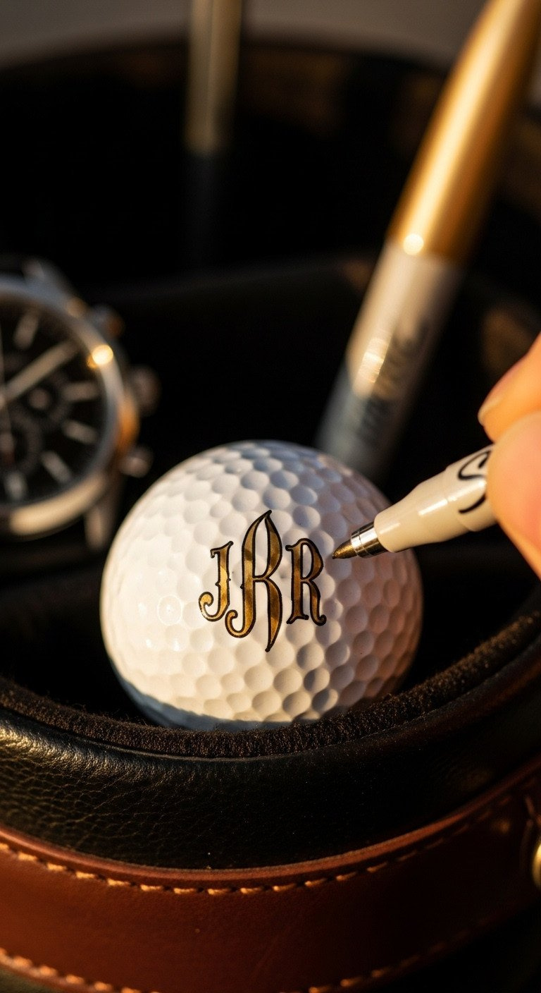 Elegant 'Jr' Monogram In Metallic Gold On A White Golf Ball, Nestled In A Dark Leather Pouch For A Luxurious Feel.
