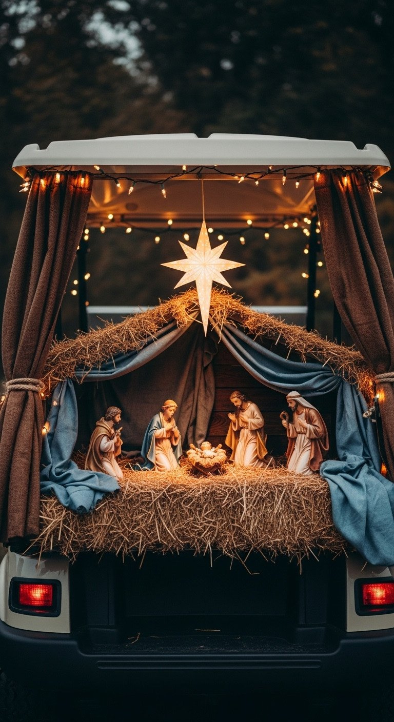 9 Genius Golf Cart Decorating Ideas Structural Pvc Guide Elegant Nativity Scene Golf Cart: Stable, Textured Drapes, Warm Golden Light, Nativity Figures, Glowing Star. Peaceful Christmas Decor.