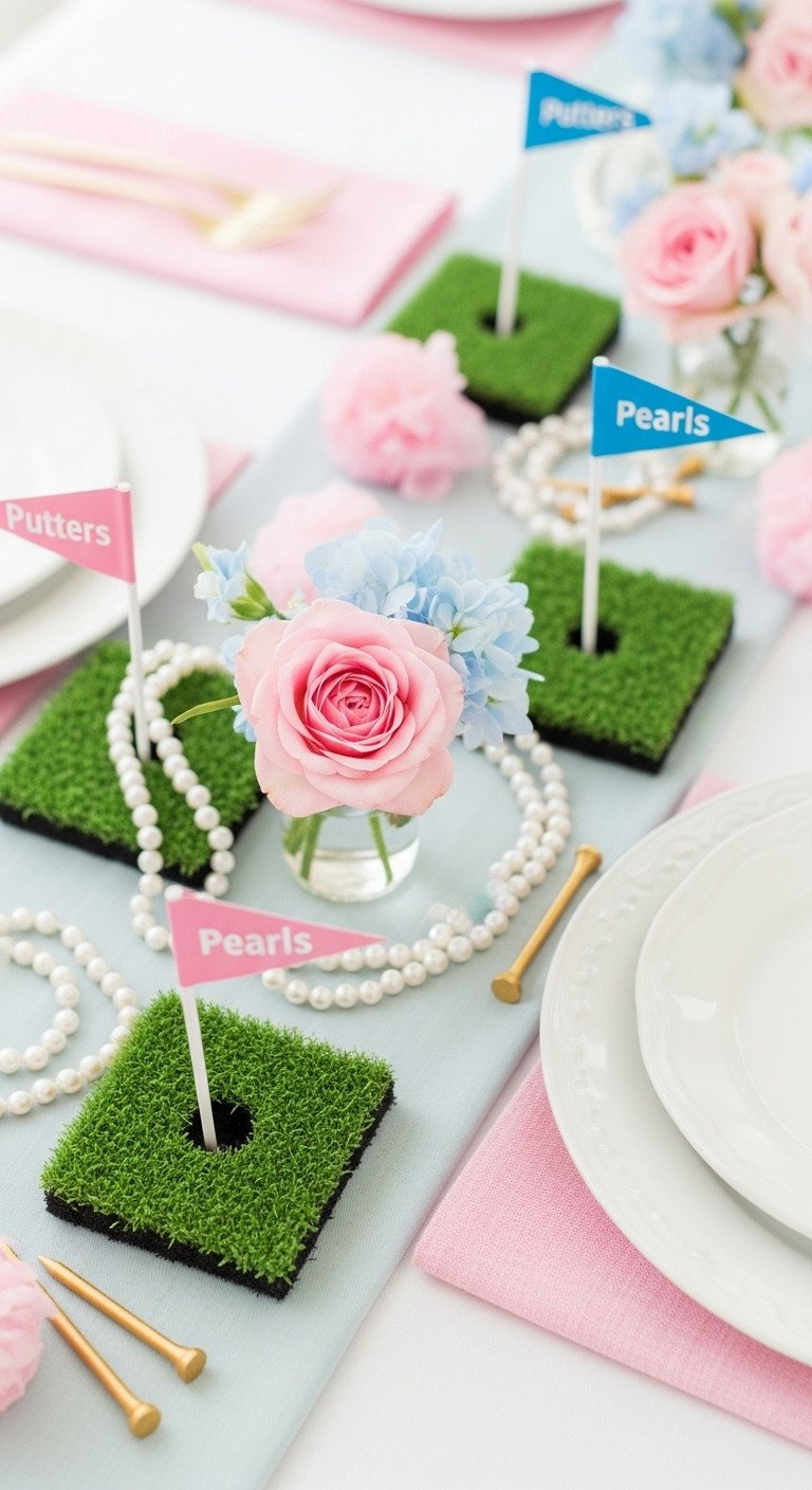 Elegant 'Putters Or Pearls' Gender Reveal Party Table With Faux Turf, Golf Flags, Pearls, And Pink And Blue Flowers.