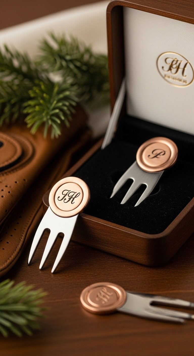 Elegant Custom Engraved Metal Golf Ball Marker And Divot Tool Set In Velvet Box, With Leather Glove.
