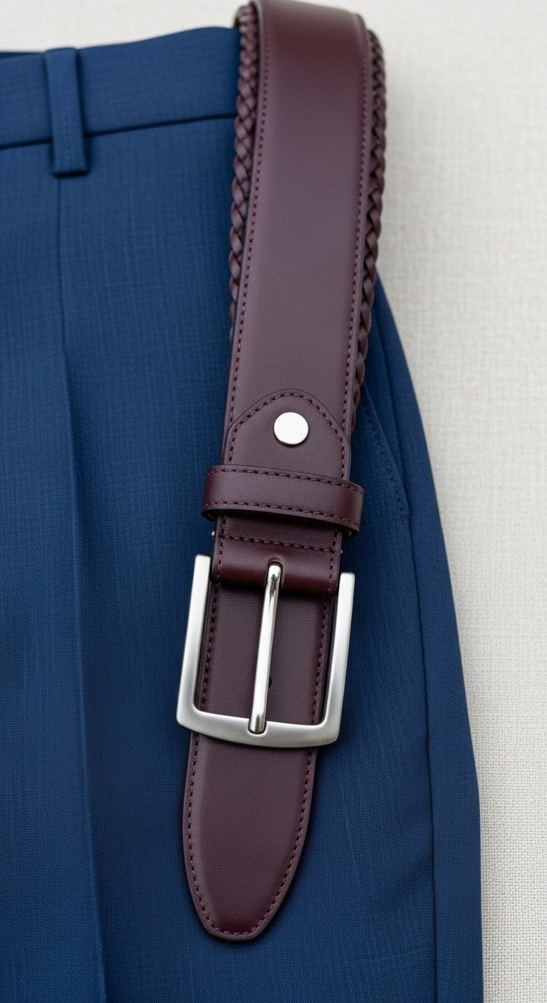 Elegant Deep Burgundy Braided Leather Golf Belt With A Sleek Metallic Buckle, Styled On Tailored Golf Trousers.