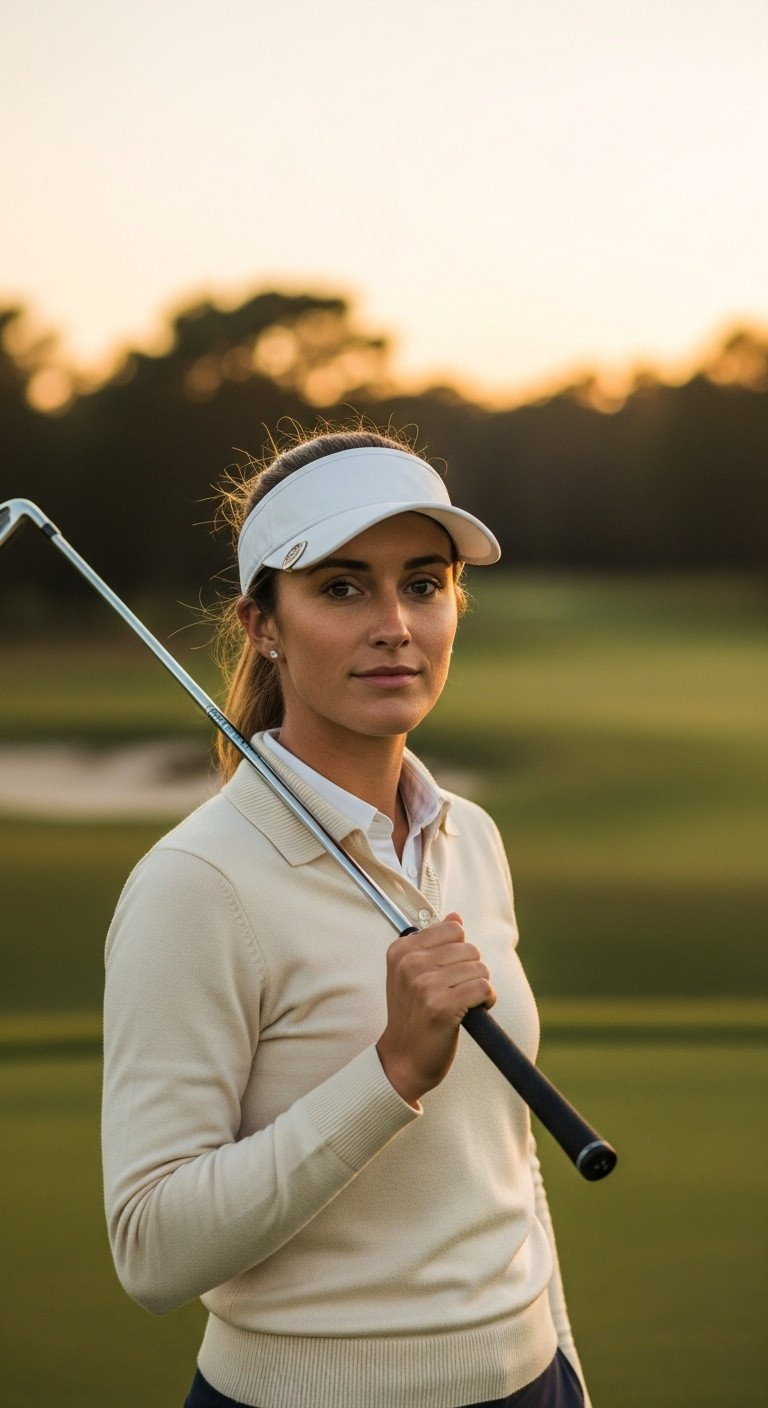 Ultimate Golf Photoshoot Ideas Poses And Pro Techniques Elegant Female Golfer Posing Confidently With Golf Club On Shoulder, Rim-Lit By Golden Hour Light, Soft Sunset Bokeh.