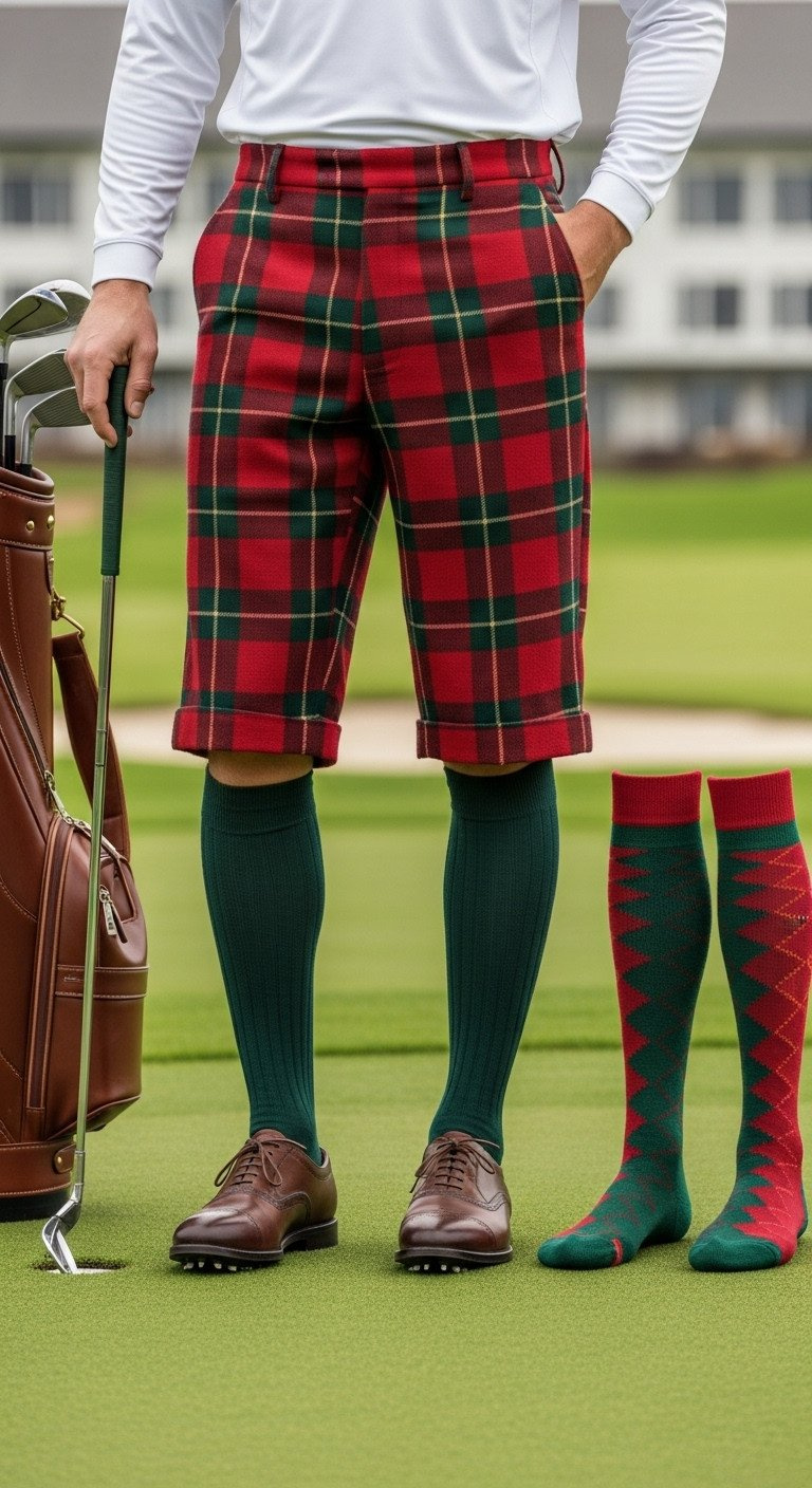 Elegant Festive Royal Stewart Tartan Golf Knickers With Hunter Green Knee Socks And White Polo On A Putting Green.