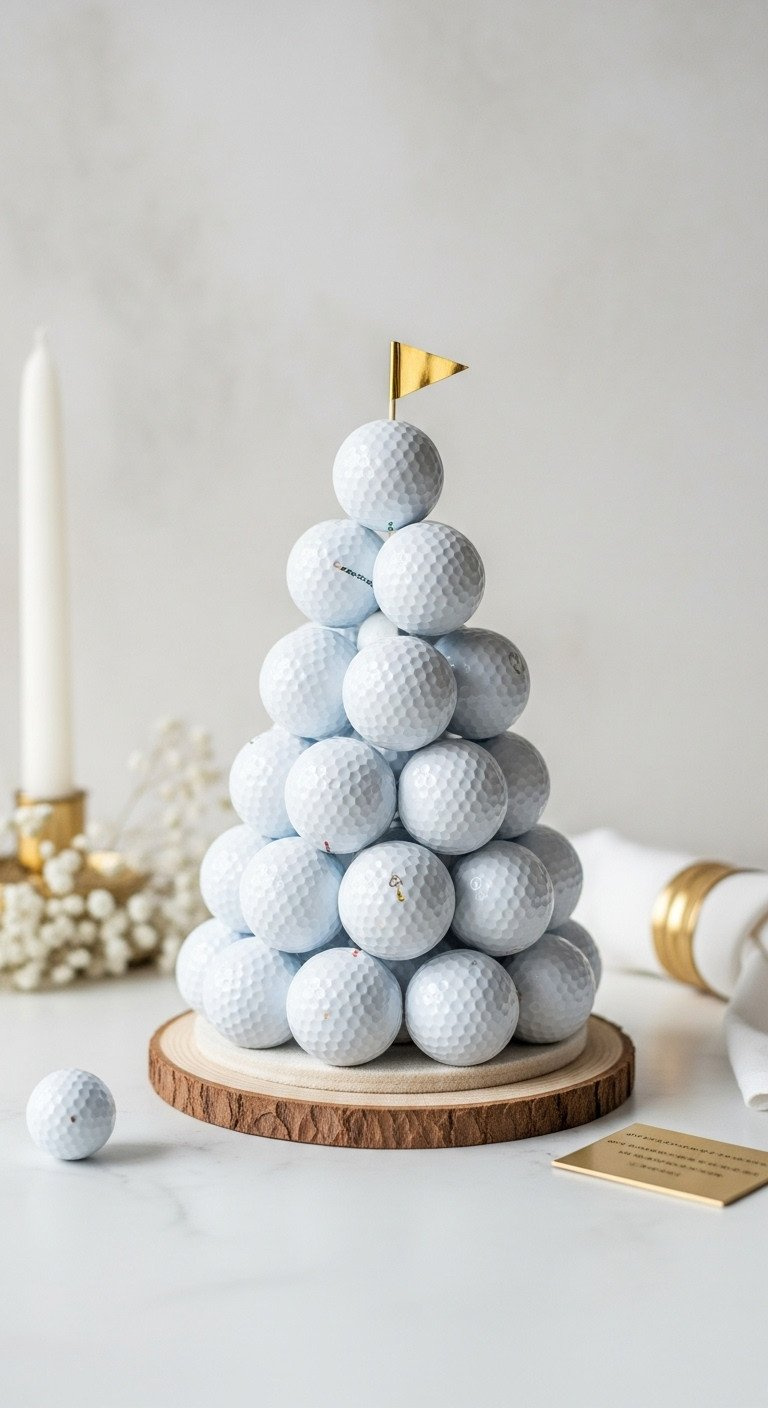 Elegant Geometric Golf Centerpiece: Tiered Pyramid Of White Golf Balls, Topped With A Mini Flag On A Velvet Base.