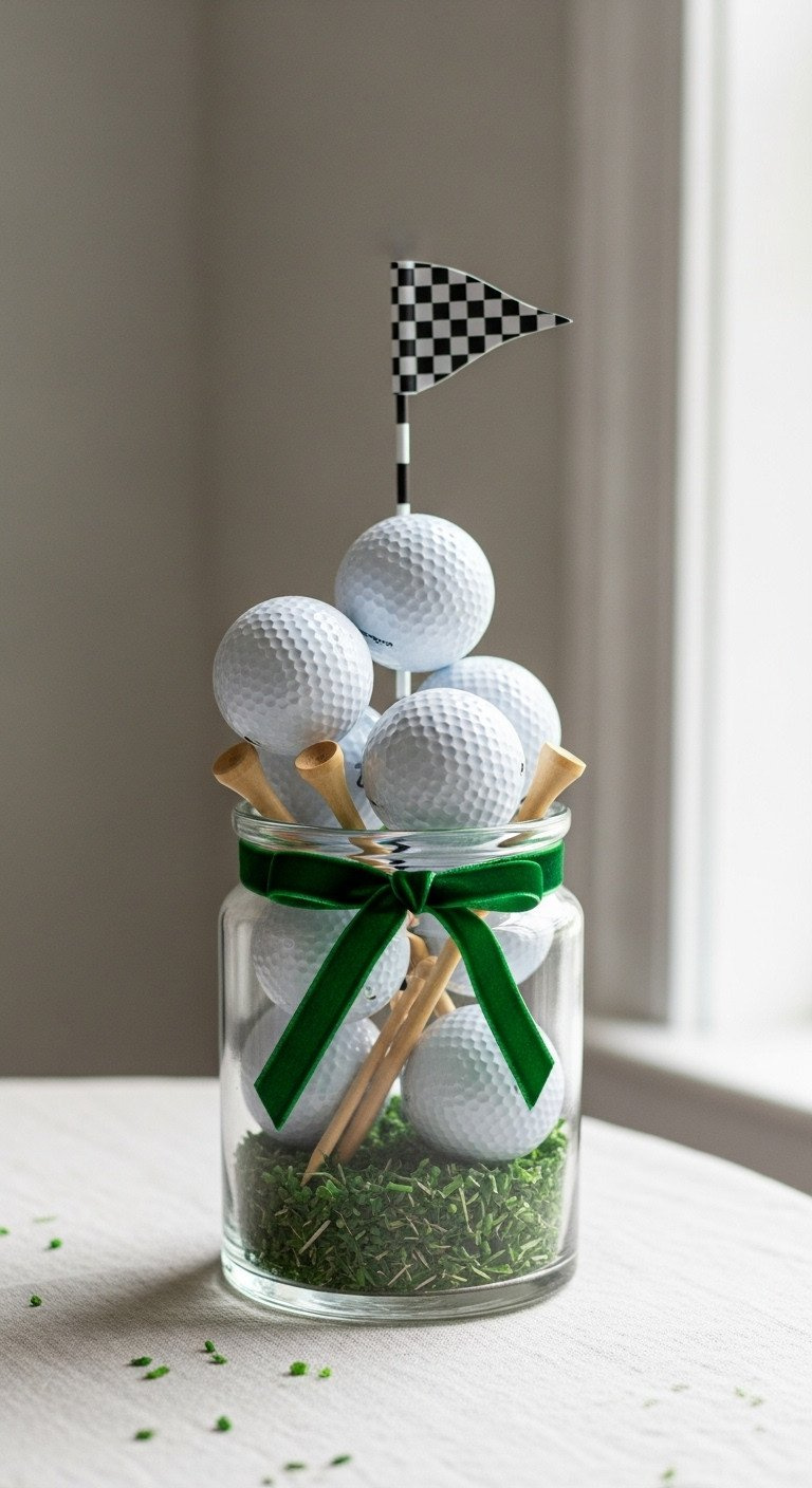 9 Ultimate Golf Party Decorations And Par-Tee Setup Secrets Elegant Golf Centerpiece With Glass Vase Filled With White Golf Balls, Wooden Tees, And A Miniature Golf Flagstick.