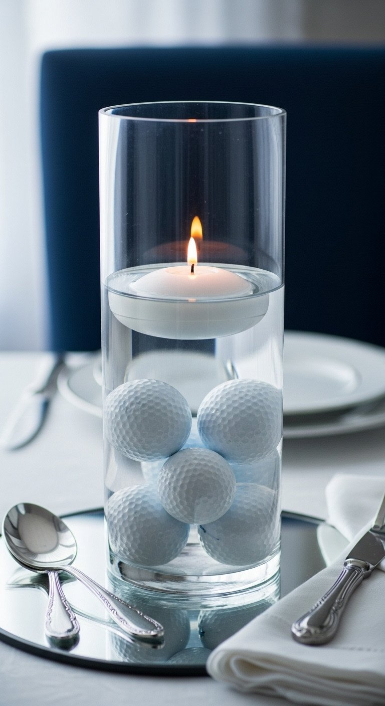 Elegant Golf Centerpiece With White Golf Balls Submerged In A Clear Glass Vase, Topped By A Soft Glowing Led Candle. Sophisticated Table Decor.