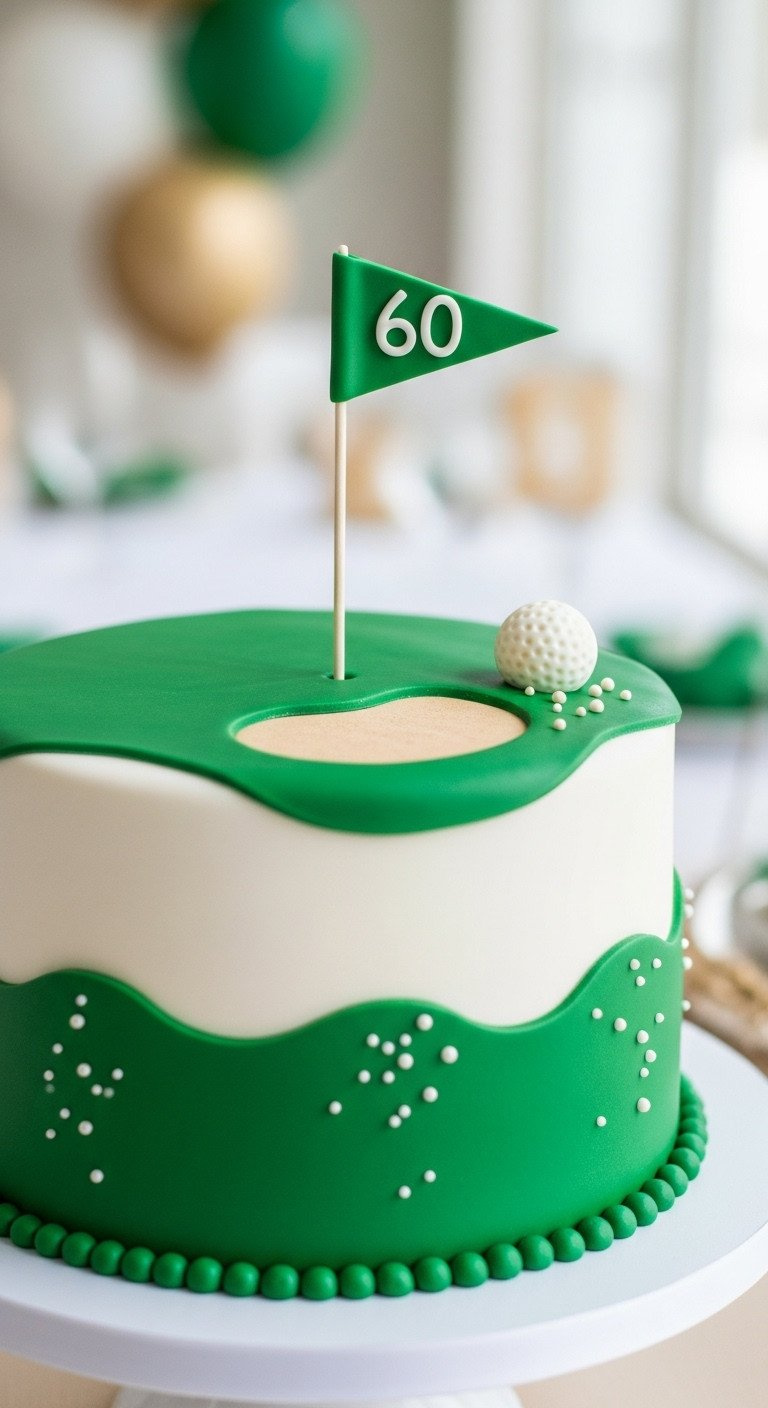 9 Ultimate Golf Party Decorations And Par-Tee Setup Secrets Elegant Golf Course Themed Cake With White And Green Fondant, A Miniature Flagstick Topper, And Golf Ball Detail.