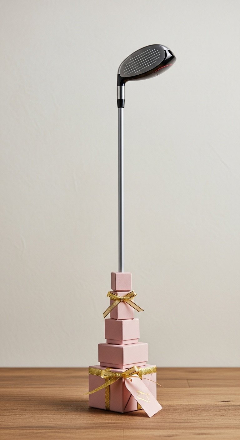 Elegant Golf Gift, Club Head Nested In Sequential Boxes With Gold Ribbon, On Natural Wood, Minimalist Holiday Decor.