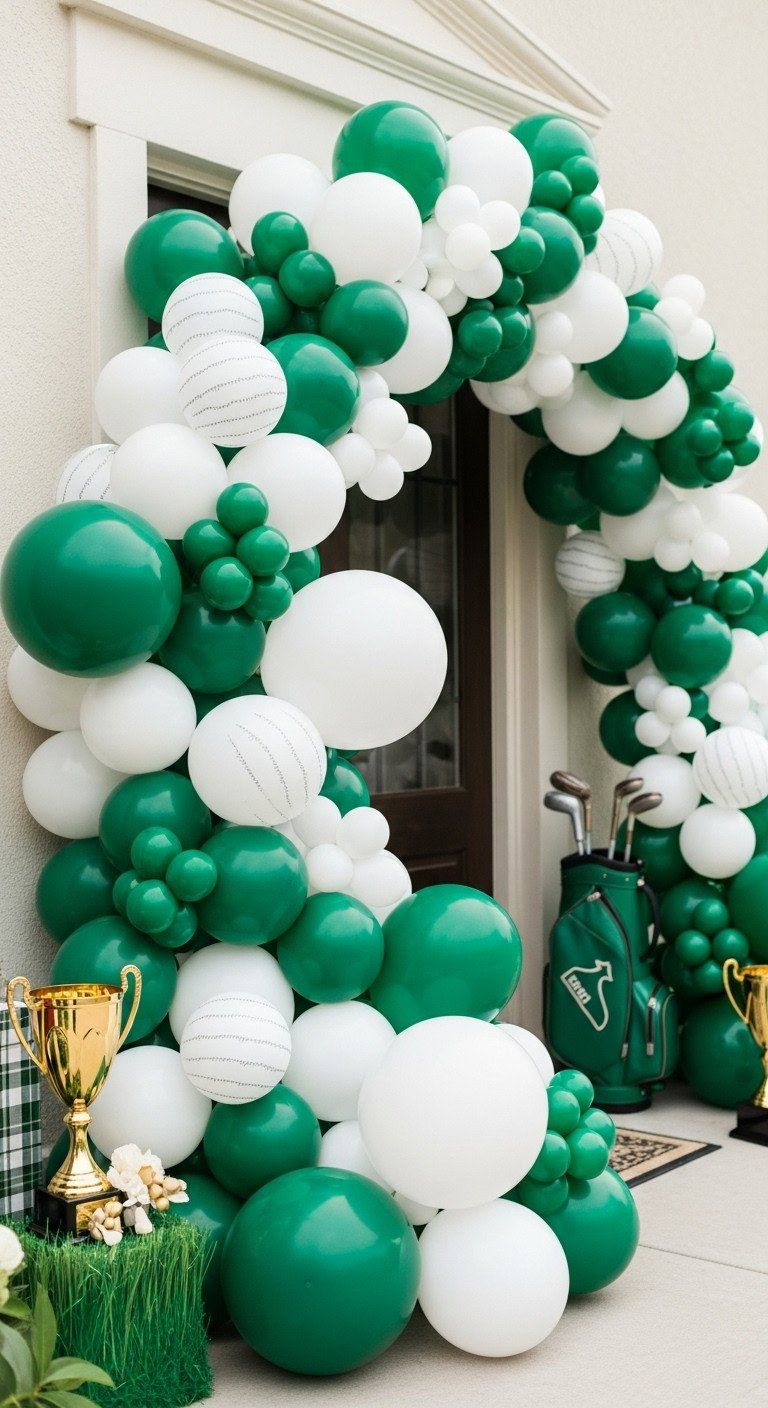 9 Genius Golf Birthday Party Ideas For Kids And Adults Elegant Golf Party Entryway Balloon Arch With White Golf Ball Texture And Emerald Green Balloons, Gold Trophies, And Golf Bag.