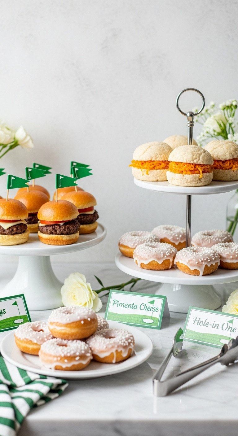 Elegant Golf Party Food Station: Mini Sliders With Flag Picks, Pimento Cheese Sandwiches, &Quot;Hole-In-One&Quot; Donuts On Marble.