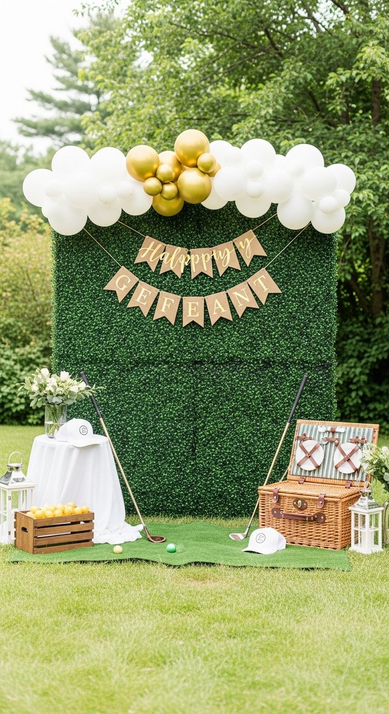 Elegant Golf Party Photo Backdrop: Hedge Wall, Gold Balloons, Vintage Clubs, Wicker Picnic Basket, Green Foliage.
