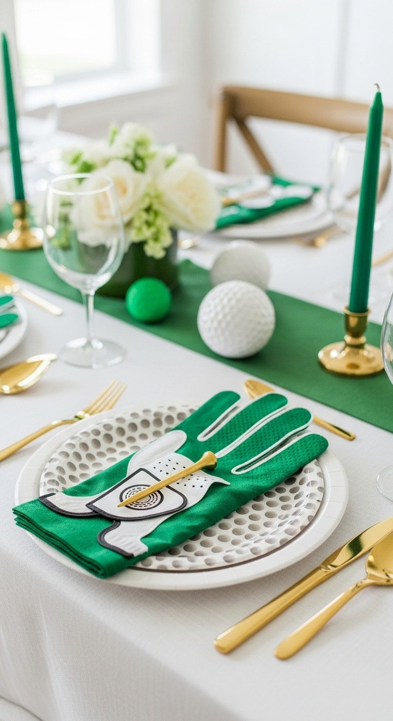 9 Ultimate Golf Party Decorations And Par-Tee Setup Secrets Elegant Golf Party Table Setting With Golf Ball Plates, Golf Glove Napkins, Gold Cutlery, And Personalized Tee On White Linen. Emerald Green Accents.