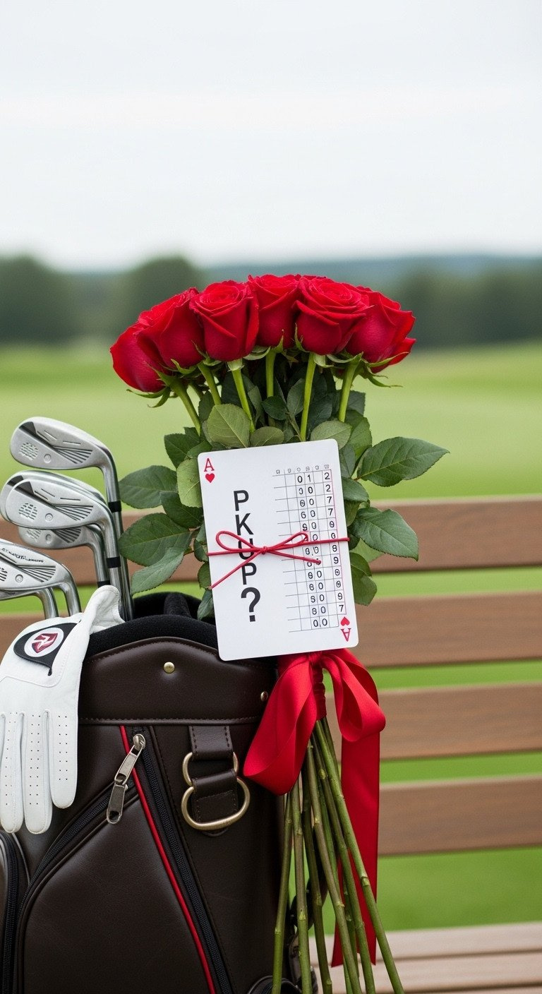 Elegant Golf Proposal With A Customized Scorecard Tied To Red Roses, On A Leather Golf Bag, Blurred Landscape.