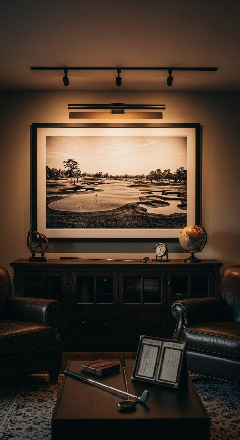 Smart Guide To Golf Wall Art Quality Sizing And Style Elegant Golf-Themed Man Cave With Large Framed Black And White Golf Course Photography, Deep Leather Armchair, And Dark Wood Decor.