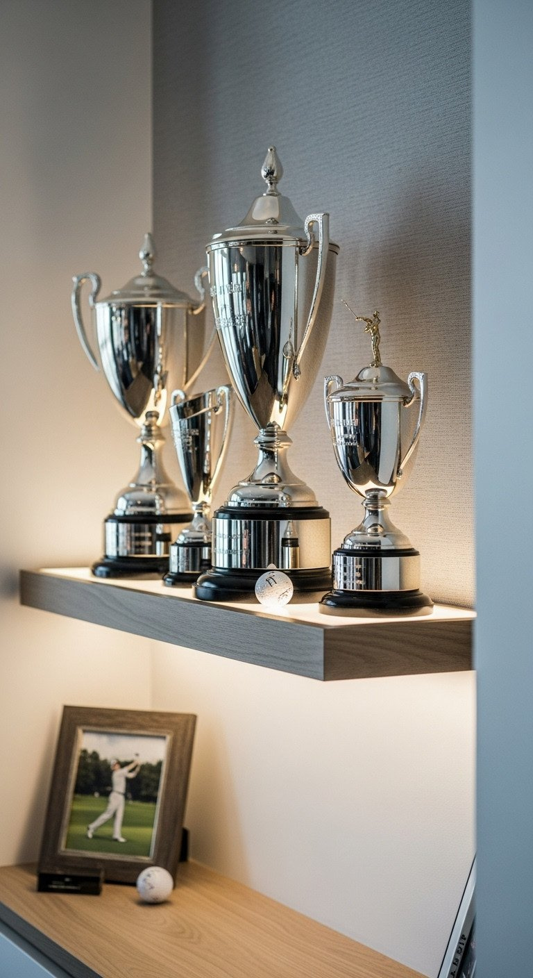 Elegant Golf Trophy Display On A Floating Shelf With Led Lighting, Showcasing Multiple Awards And An Antique Golf Ball In A Sophisticated Room.