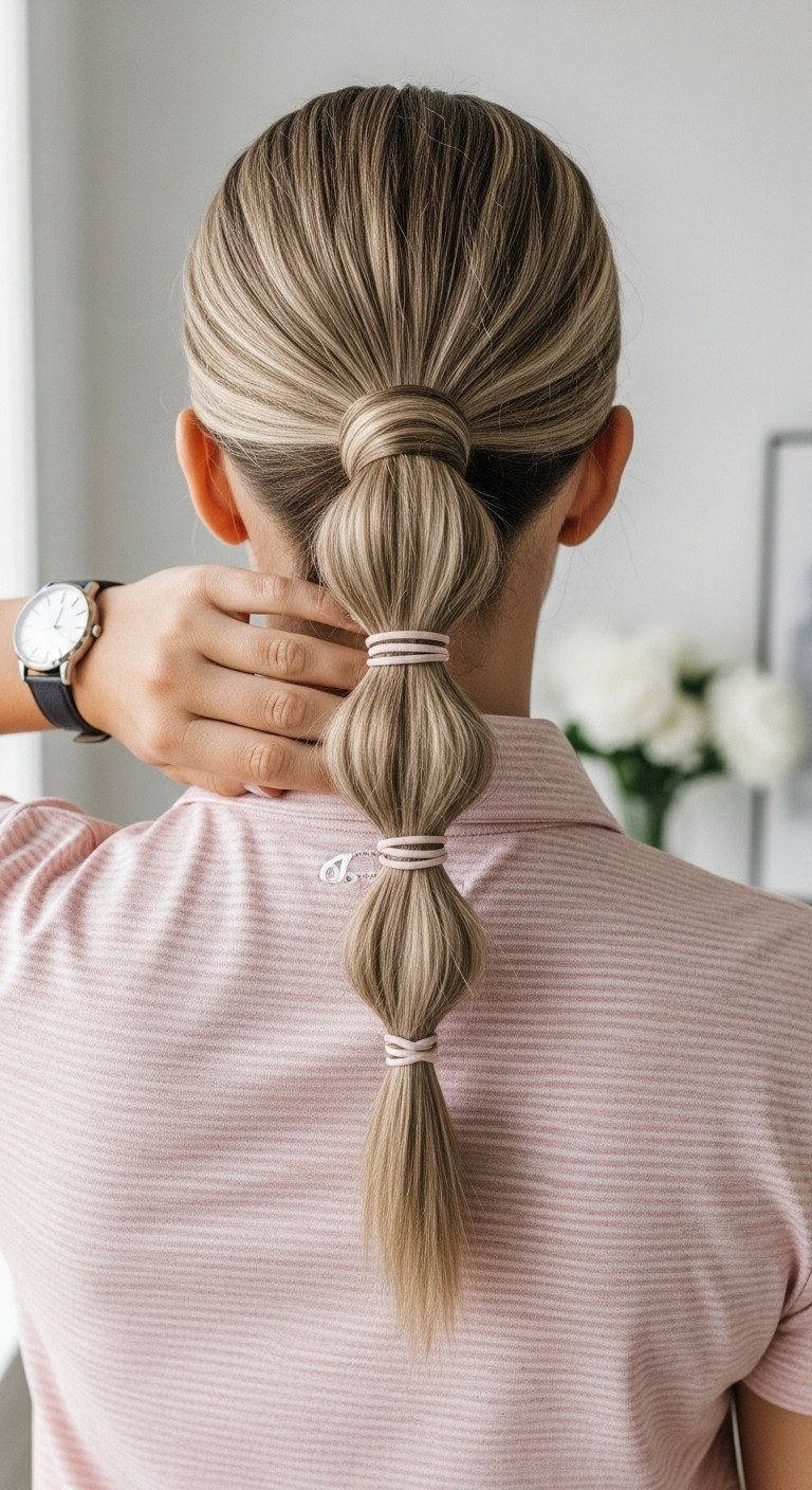 9 Genius Golf Visor Hairstyles To Stop Hair Flattening Elegant Low Sleek Ponytail With A Clean Hairline, Secured Neatly For A Formal Golf Setting. Neutral Minimalist Backdrop.