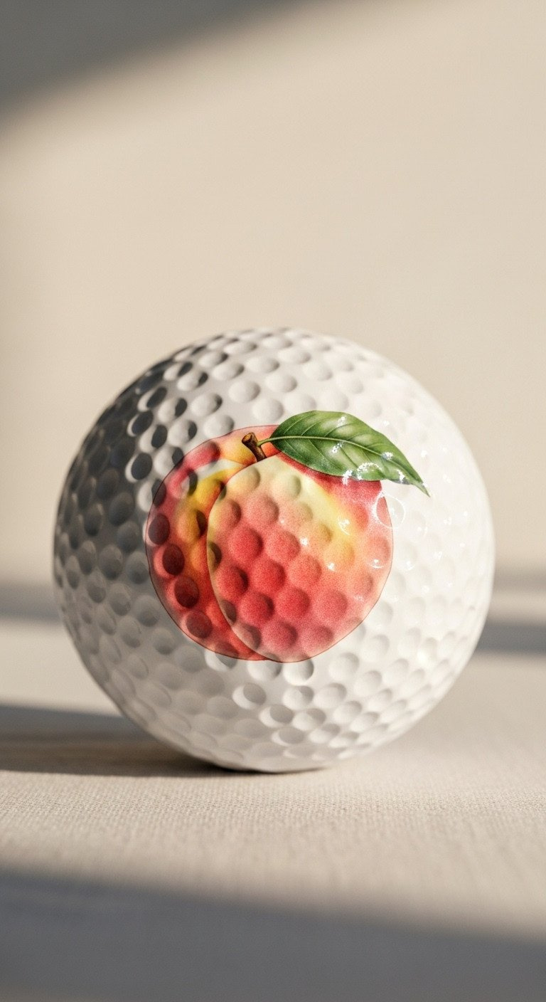 Elegant Macro Photo Of A White Golf Ball With A Soft, Hand-Drawn Peach Design Resting On A Simple Linen Tablecloth.