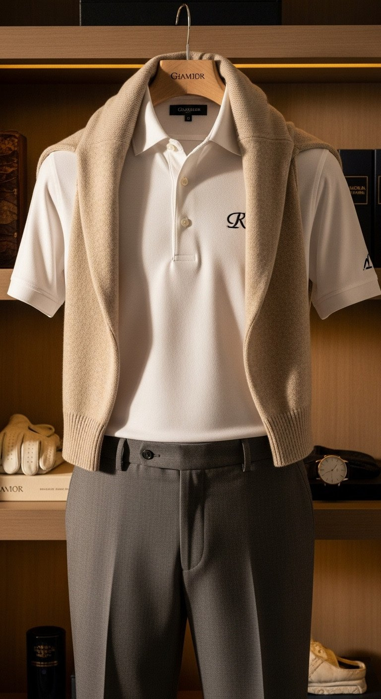 Elegant Men'S Luxury Golf Apparel: Tailored Gray Trousers, White Blade-Collar Polo, Merino Wool Sweater. Leather Glove, Watch, Sophisticated.