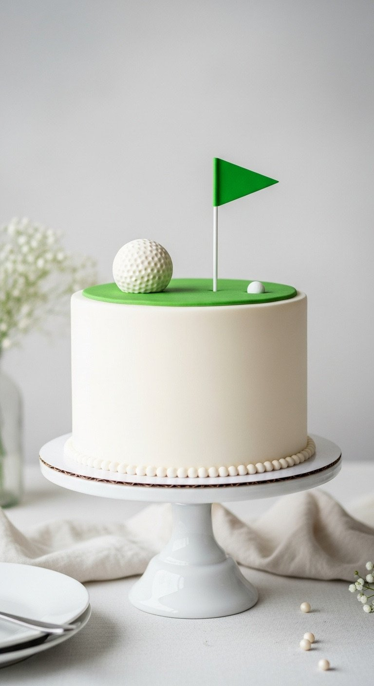 9 Golf Themed Cakes Beginner To Expert Designs And Tips Elegant Minimalist White Fondant Golf Cake With Edible Golf Ball, Green Flag Topper, And Edible Pearls On A White Stand.