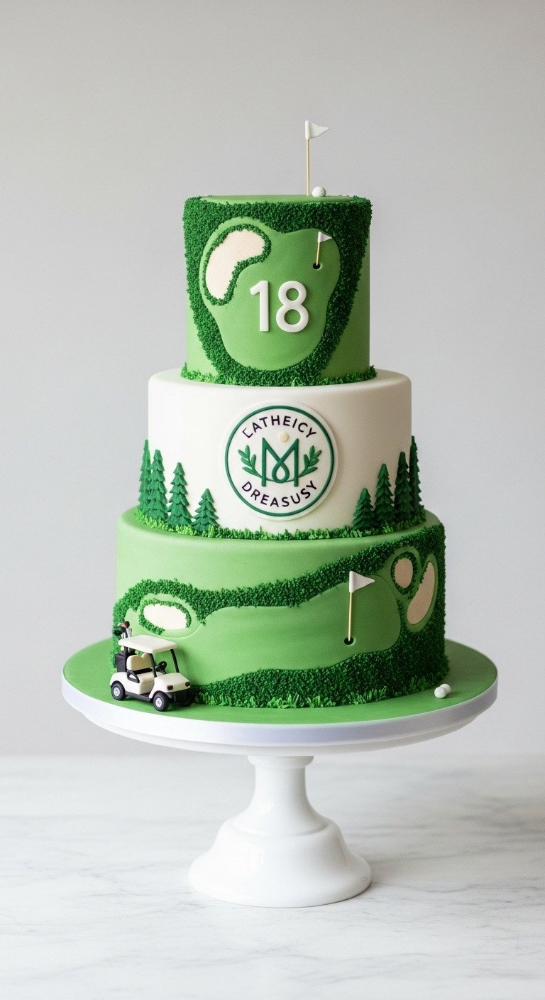 9 Golf Themed Cakes Beginner To Expert Designs And Tips Elegant Multi-Tiered Golf Course Cake With Green Fondant, Fairway, Sand Traps, Rough, And A Small Gumpaste Golf Cart.