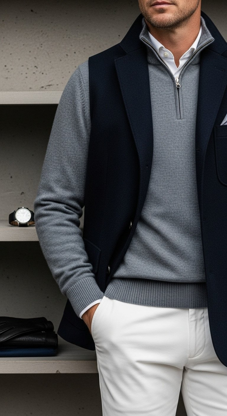 Elegant Navy Gilet, Gray Knit Sweater, White Trousers Layered. Leather Glove &Amp; Silver Watch On Shelf. Monochromatic Golf Style.