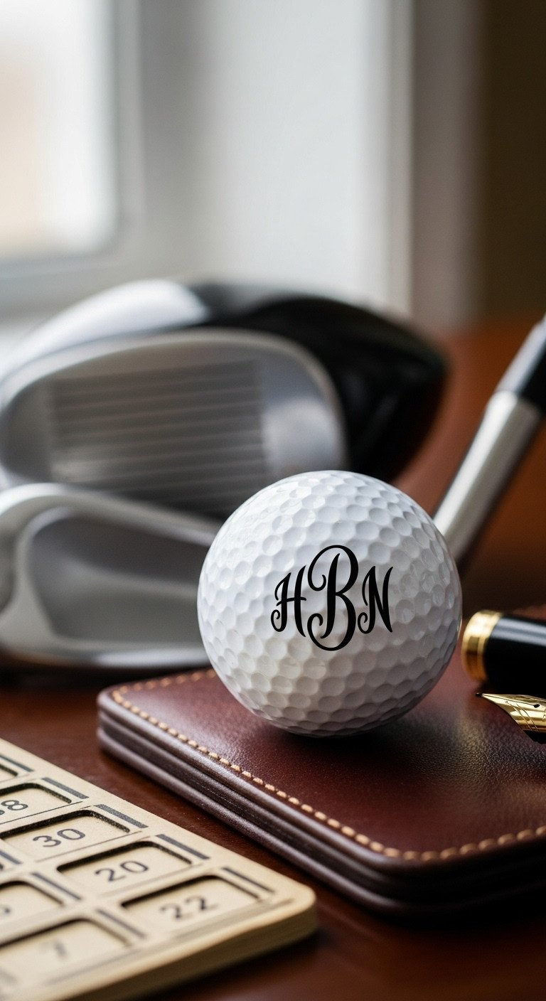 Elegant Personalized Golf Ball With A Custom Black Ink Monogram, On A Mahogany Desk With A Leather Scorecard Holder.
