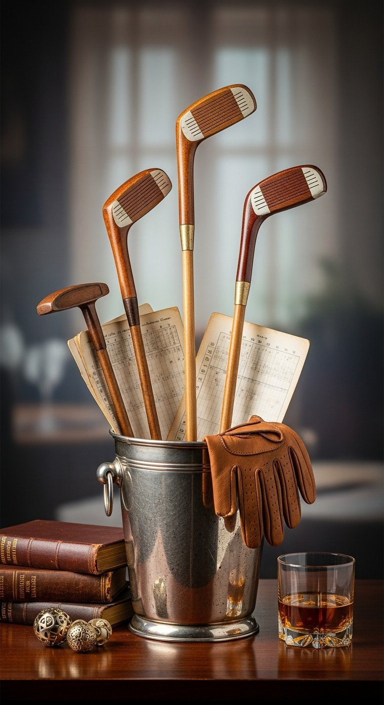 Elegant Vintage Golf Centerpiece: Antique Wooden Clubs In Silver Bucket, Scorecards, Leather Glove On Mahogany Table.