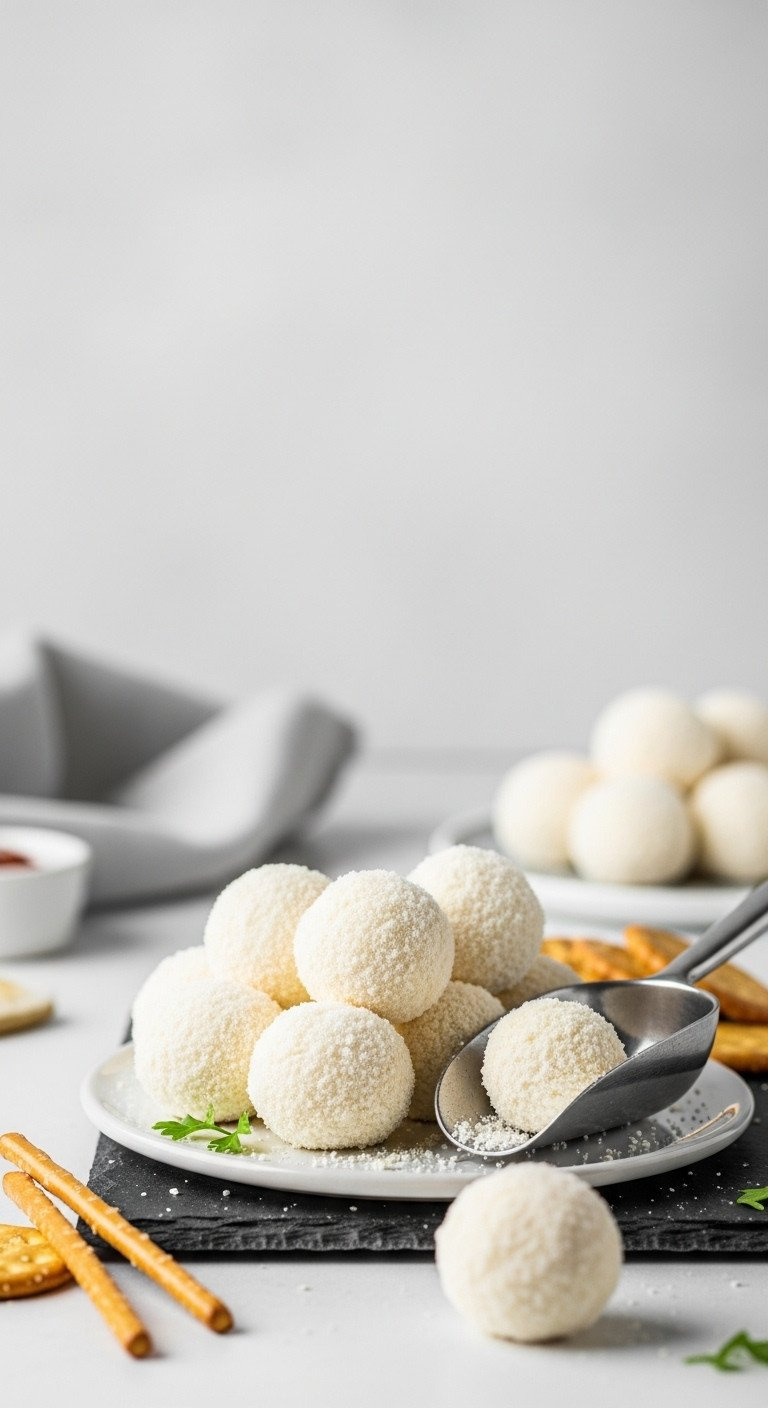 Elegant White Cheese Balls, 'Bunker Balls,' Dusted Like Sand, Served With Crackers On A Neutral Slate, Ideal For Golf-Themed Parties.