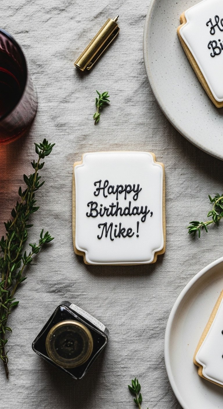 Elegant White Plaque Cookie With Personalized Name 'Happy Birthday, Mike!' In Black Icing, Thyme, And Antique Pen.