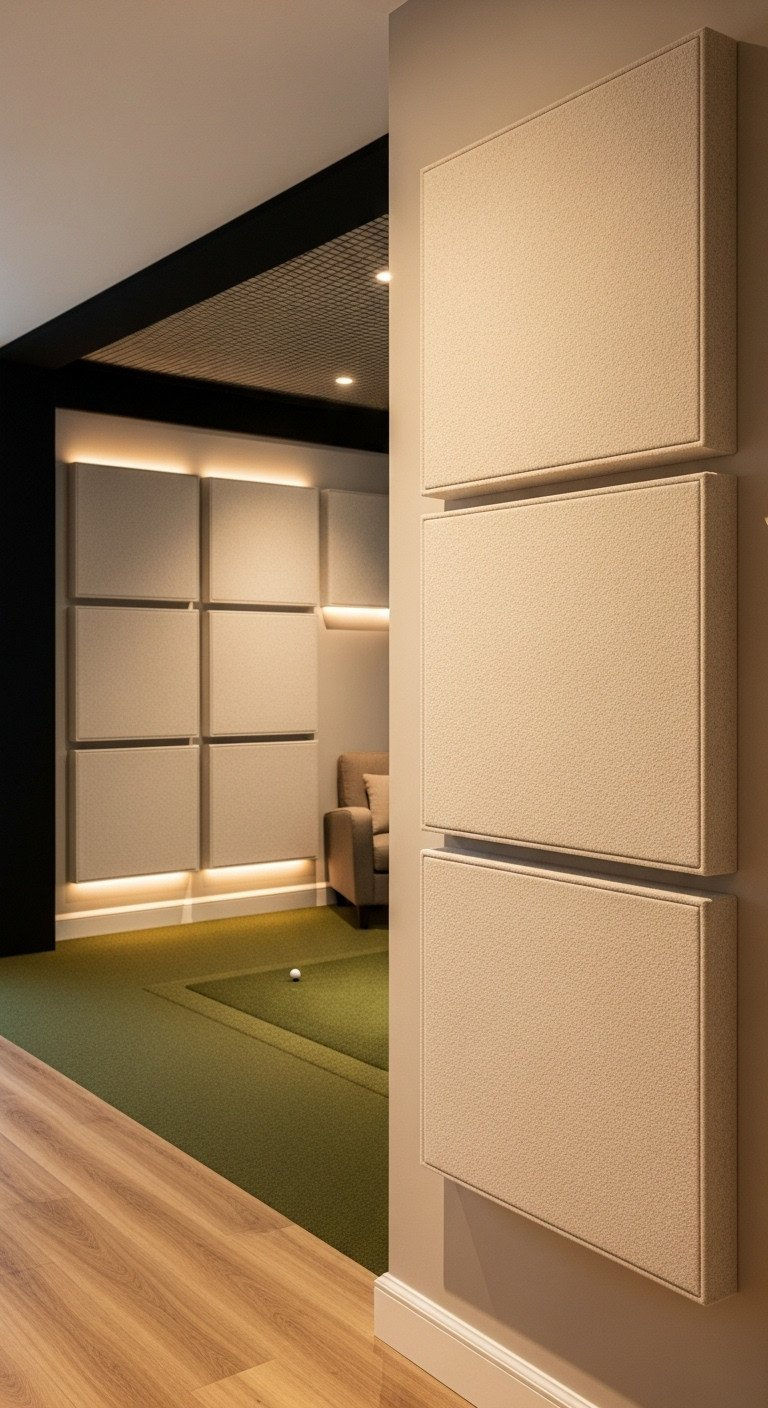 Elegantly Installed Acoustic Wall Panels With Recessed Led Lighting In A Golf Simulator Room For Soundproofing.