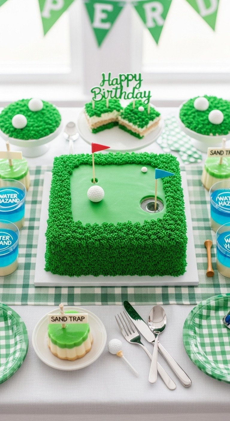 9 Genius Golf Birthday Party Ideas For Kids And Adults Emerald Green Golf Course Birthday Cake With Flagsticks, Fondant Ball, Surrounded By Themed Desserts And Plaid Accents.