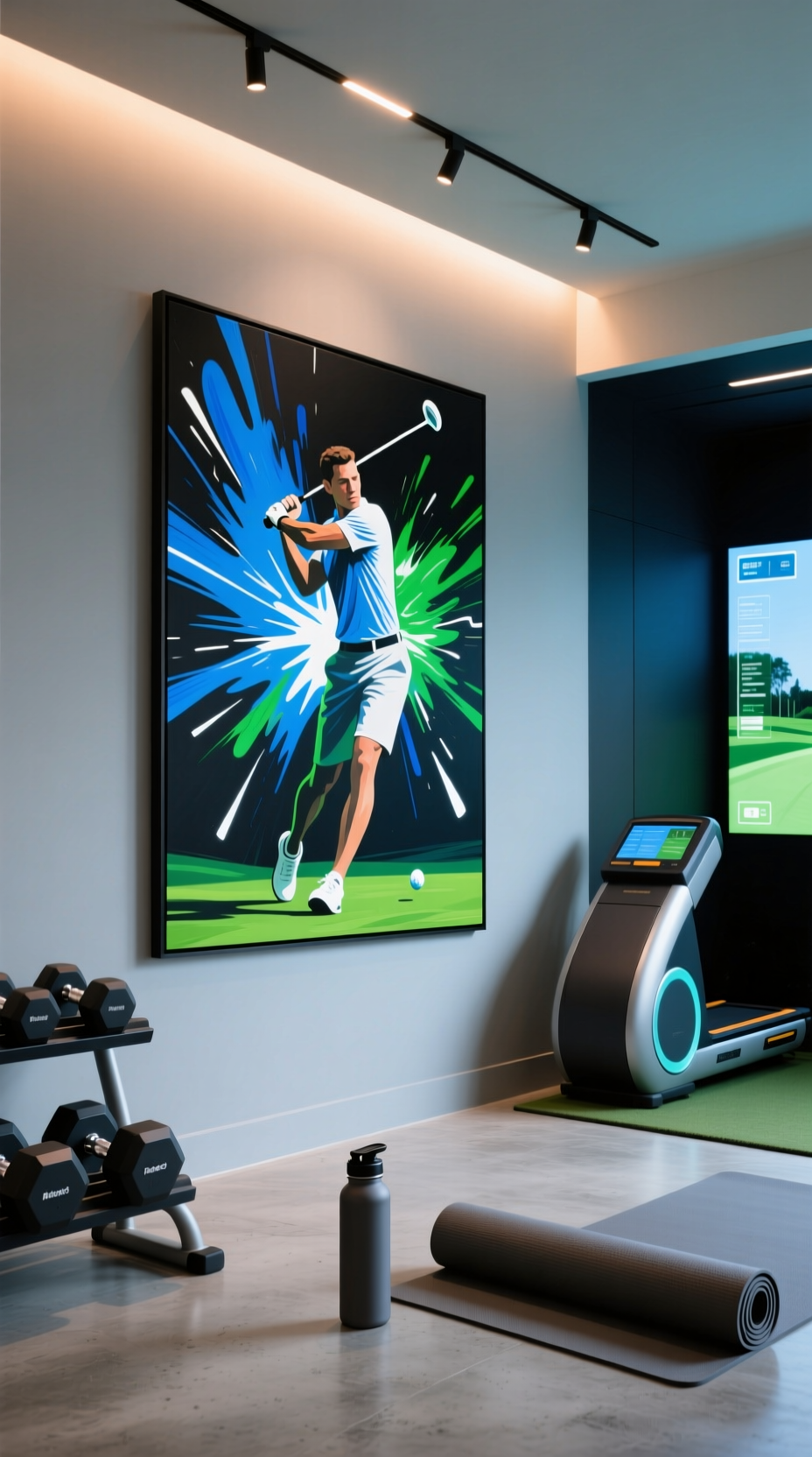 Energetic Abstract Painting Of A Golf Swing With Blue And Green Streaks Hangs On A Gray Wall In A Contemporary Home Gym.