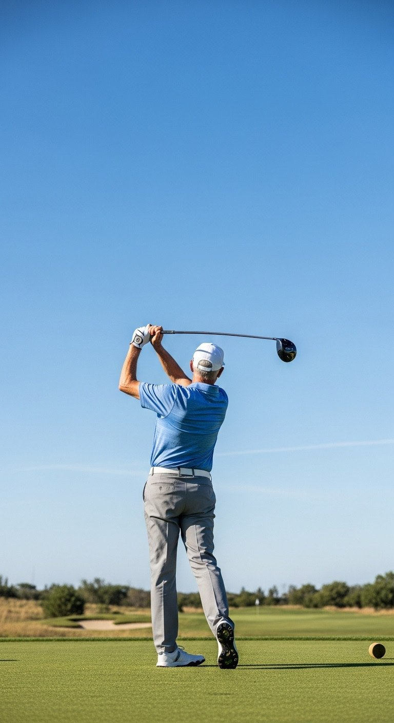 11 Golf Senior Picture Secrets And Pro Photography Tips Energetic Senior Golfer With Driver Overhead At Backswing On Tee Box, Emphasizing Strength Against Blue Sky.