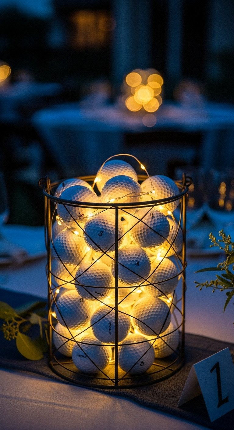 Evening Golf Centerpiece: Lantern Filled With Glowing Golf Balls, Warm Led Fairy Lights, Dark Linen Backdrop. Cozy Event Decor.