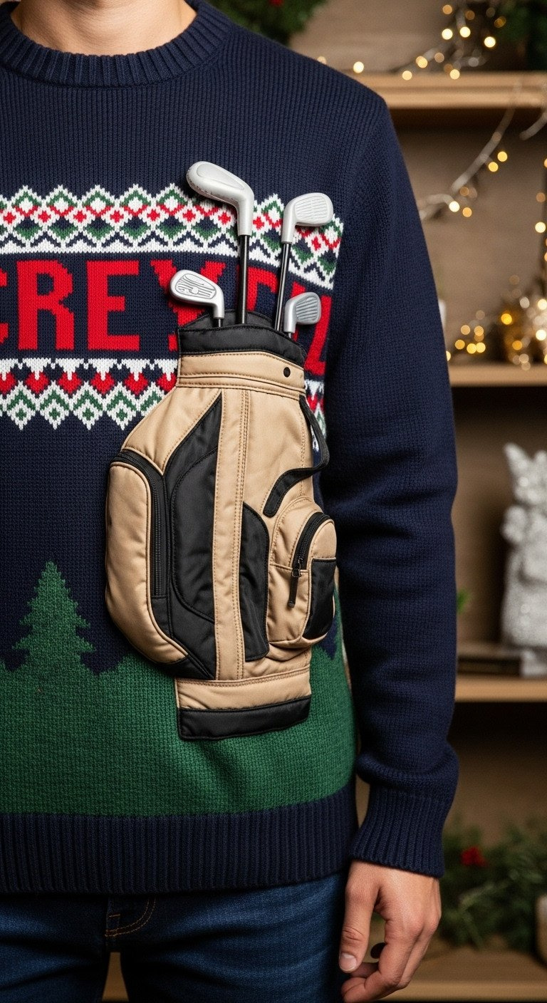 Extreme 3D Novelty Sweater With Inflatable Golf Bag And Miniature Clubs, Worn For Festive Fun. Deep Navy, Metallic Gold, Forest Green.