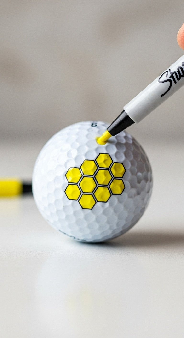 Extreme Close-Up Of A Golf Ball'S Dimples Colored With A Yellow Sharpie To Create A Unique And Artistic Honeycomb Pattern.