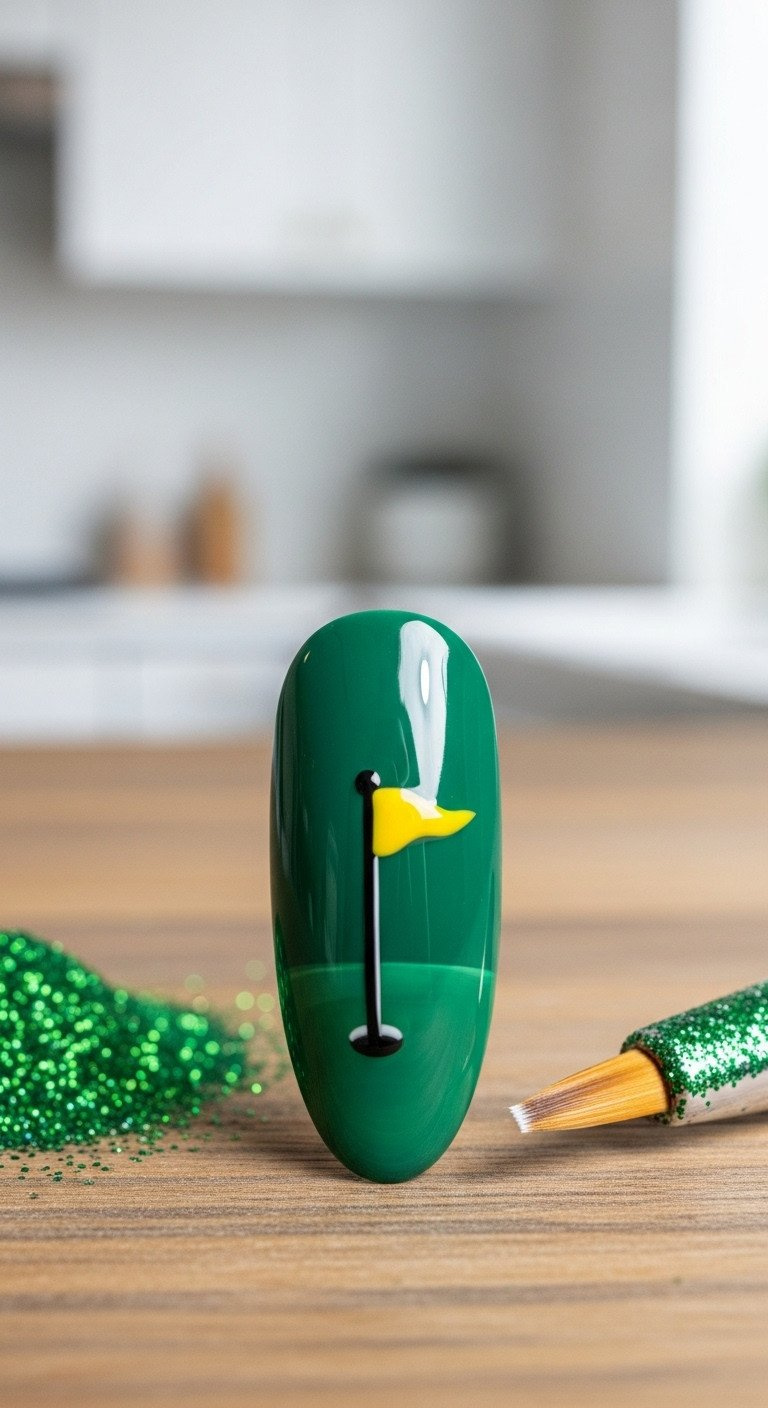 9 Genius Golf Nail Art Designs That Last Through Your Game Extreme Close-Up Of Precision Freehand Golf Flag And Pin Nail Art On A Deep Green Nail. Yellow Flag, Black Pole, White Hole, Nail Art Brush.