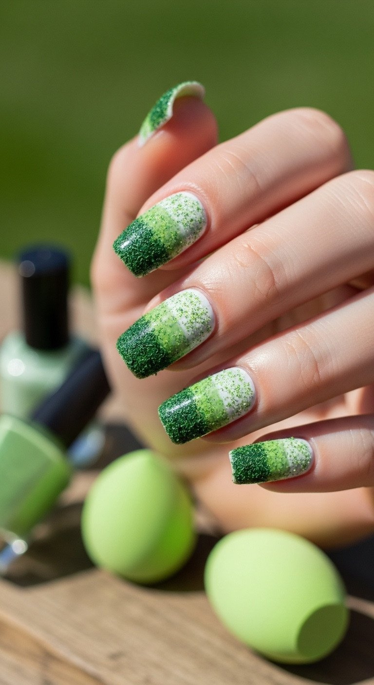 9 Genius Golf Nail Art Designs That Last Through Your Game Extreme Close-Up Of Realistic Turf Texture Nail Art With Layered Green Shades. Sponging Technique, Blurred Grass, Natural Wood, Makeup Sponge.