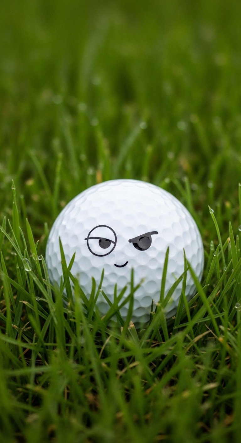 Extreme Macro Shot Of A White Golf Ball With A Sneaky, Hand-Drawn Cartoon Eye Peering Out While Hiding In Deep Green Grass.