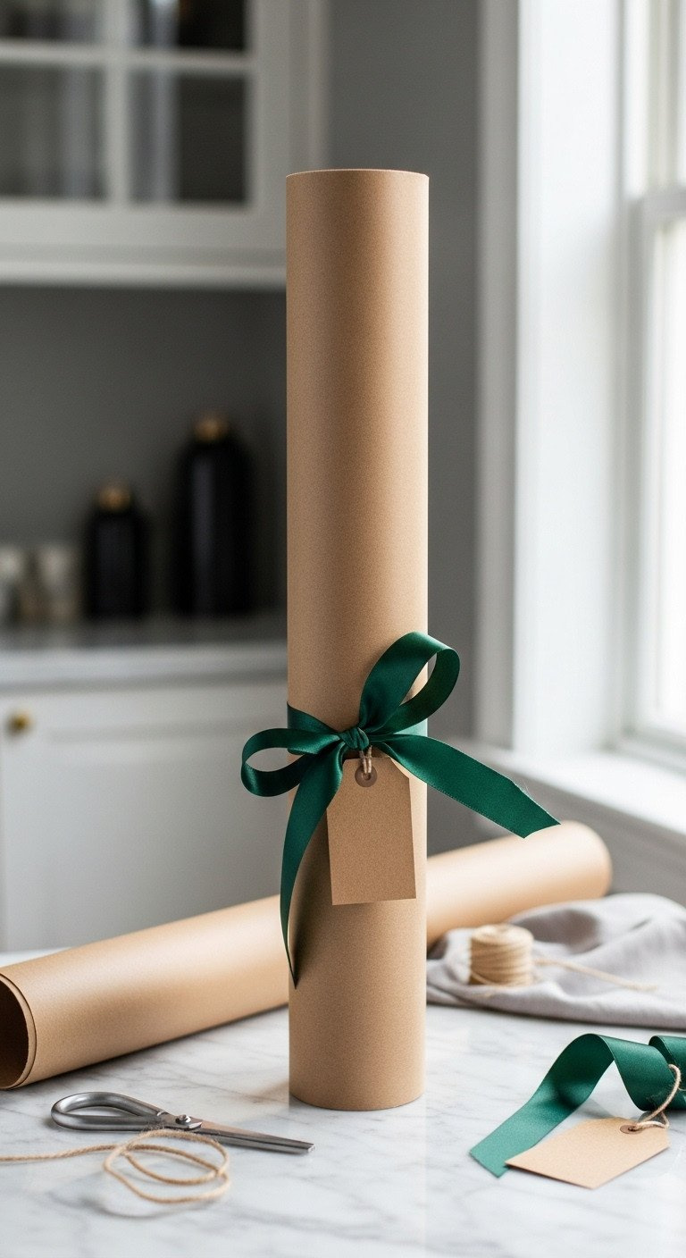 7 Easy Ways To Wrap A Golf Club And Disguise The Shape Eye-Level Close-Up Of A Golf Club Wrapped In Craft Paper Cylinder With Elegant Gusset Fold, Tied With Ribbon On A Marble Counter.