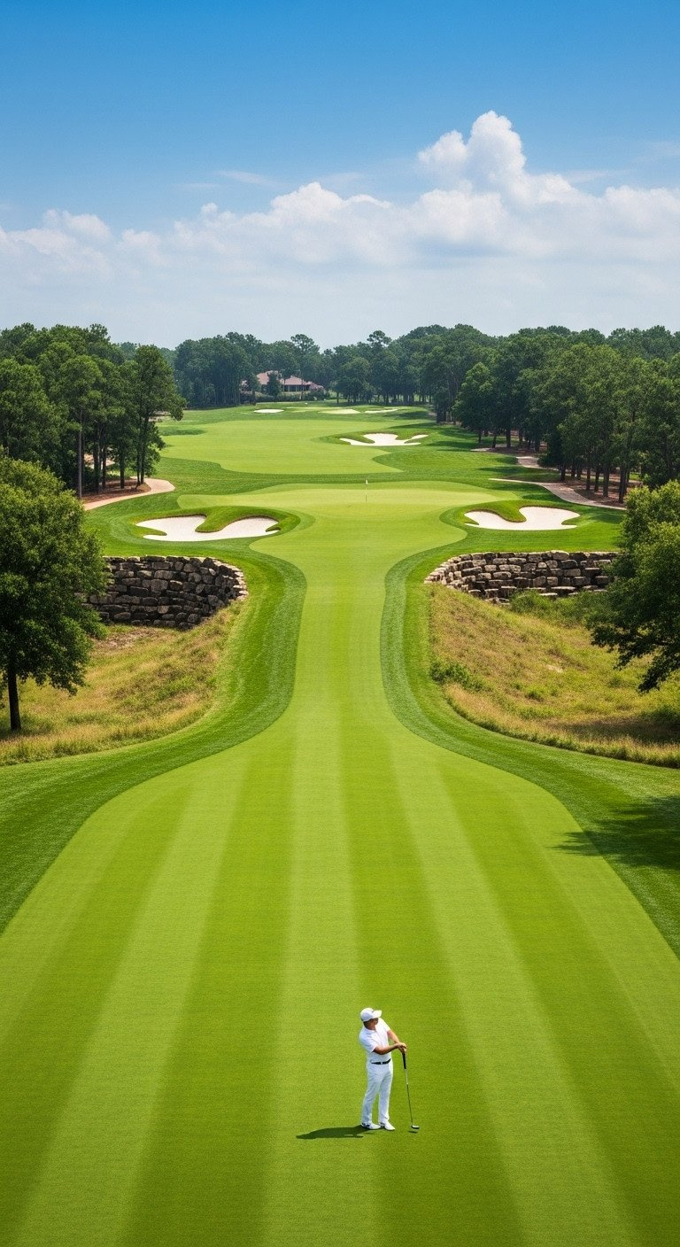 Fairway Uses Forced Perspective, Narrowing To Green. Strategic Bunkers, Tree Lines. Emerald Green, White Sand.