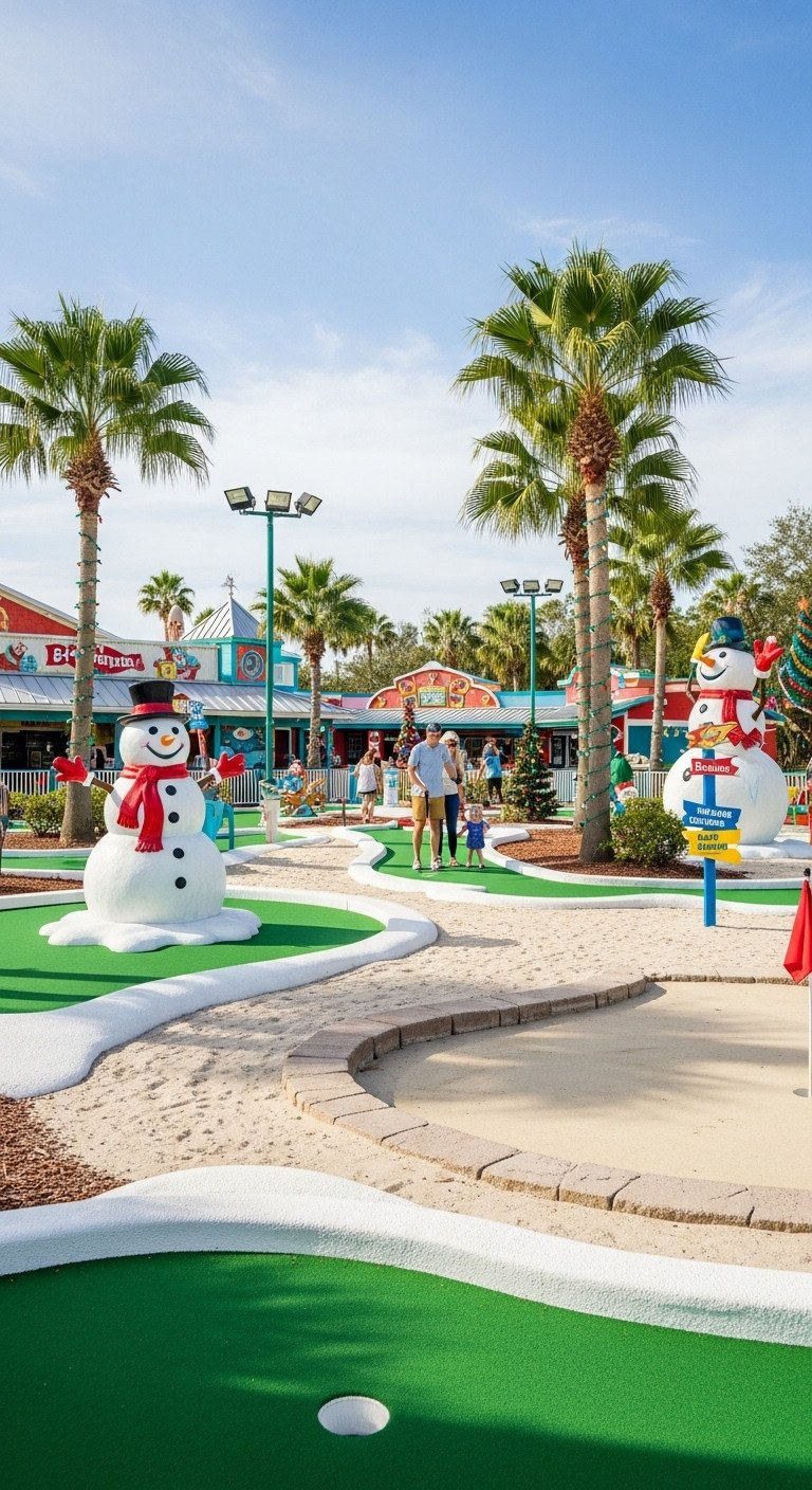 Family Enjoying Whimsical Outdoor Mini Golf: Snowmen, Festive Palm Trees, And Bright Christmas Props Blend Winter And Summer Themes.