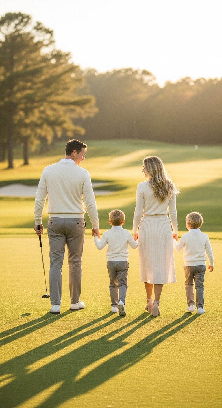 Family Golf Aesthetic Master The Cohesive Heritage Look Family Of Four In Coordinated Cream And Forest Green Outfits Walking On Golf Course Fairway At Golden Hour.