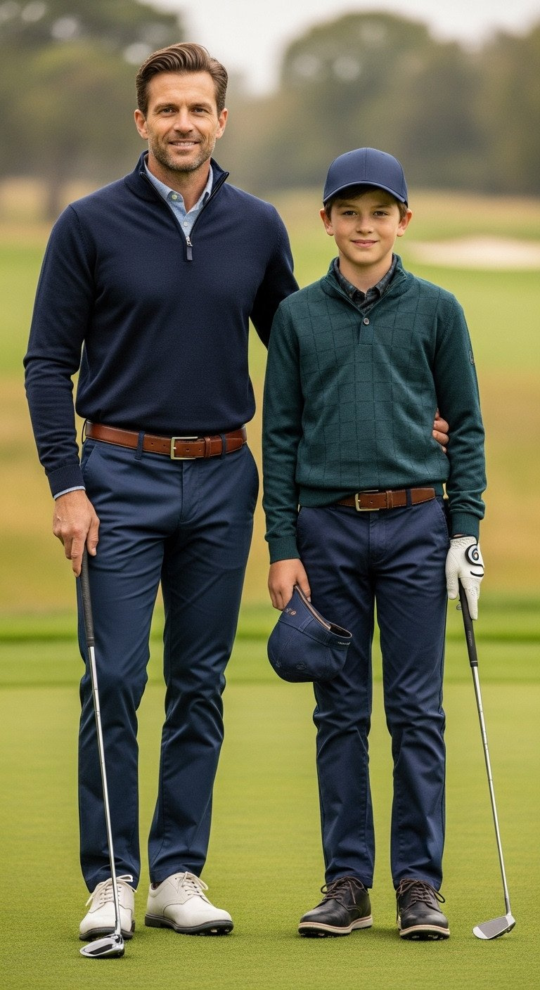Family Golf Aesthetic Master The Cohesive Heritage Look Father And Son In Tailored Navy Chinos, Knit Polos, Brown Belts On Golf Course; Coordinated Family Golf Attire.