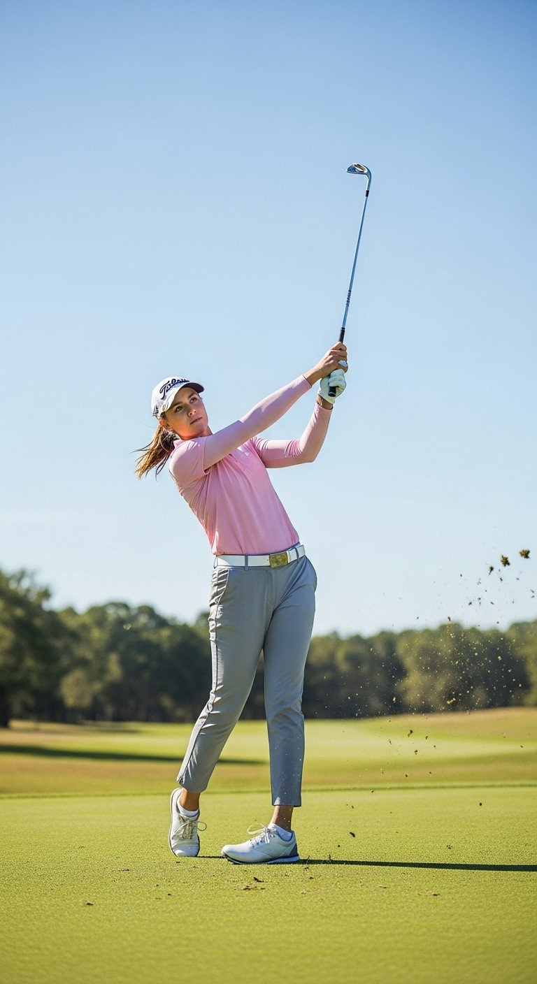 Female Golfer Executing A Powerful, Graceful Swing With Balanced Finish, Showcasing Strength And Athletic Aesthetics On The Course.