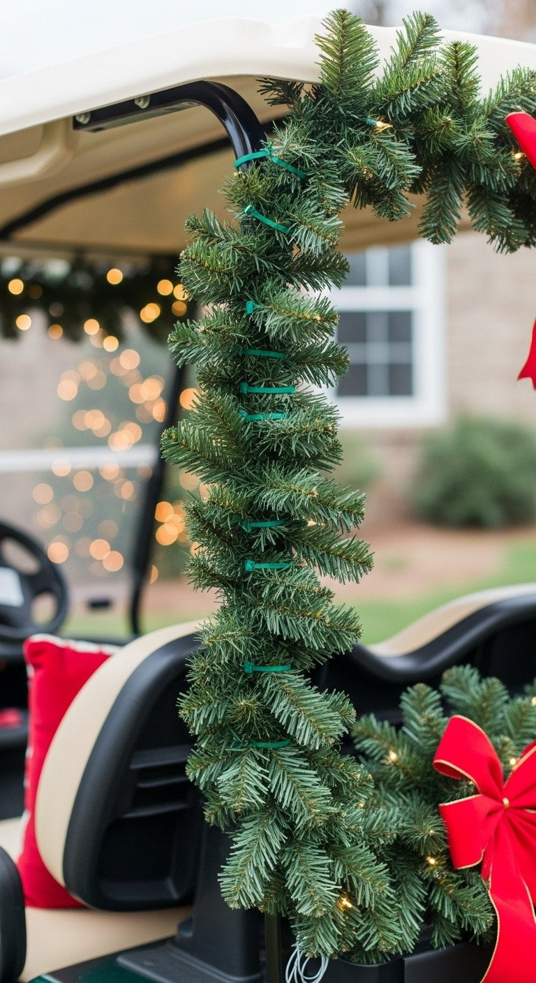 Master Golf Cart Christmas Decor With 9 Structural Hacks Festive Christmas Garland Tightly Wrapped Around A Golf Cart Roof Pillar, Secured With Hidden Green Zip Ties For Wind Protection.